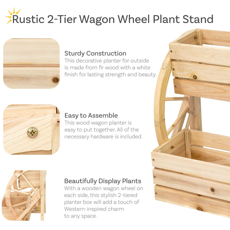 Sunnydaze Wagon Wheel 2-Tier Rustic Wood Plant Stand