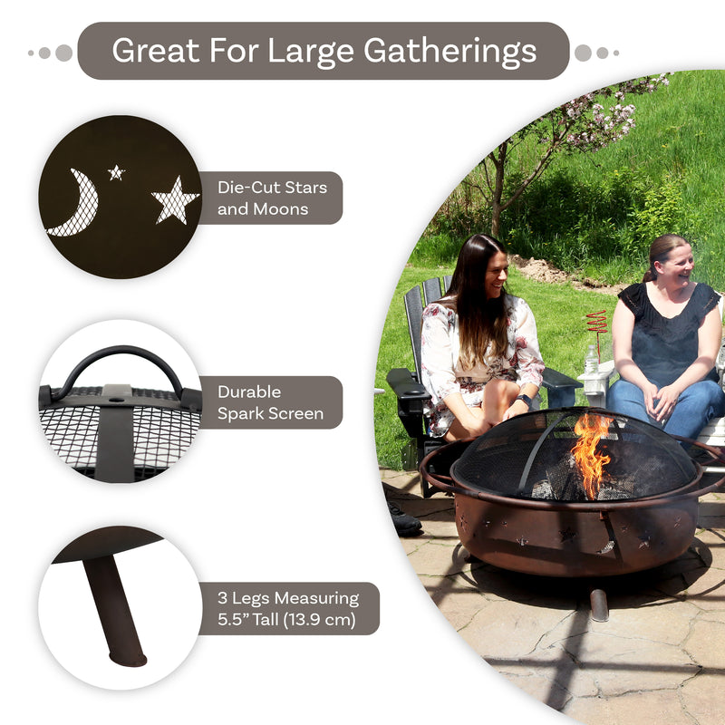 Sunnydaze 42" Large Cosmic Fire Pit with Moon and Stars Design