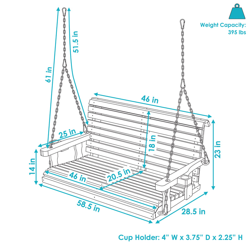 Sunnydaze Traditional Wooden Porch Swing with Hanging Chains - 58.5" W