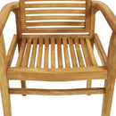 Slatted seat of traditional teak dining chair with armrests.