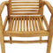 Slatted seat of traditional teak dining chair with armrests.