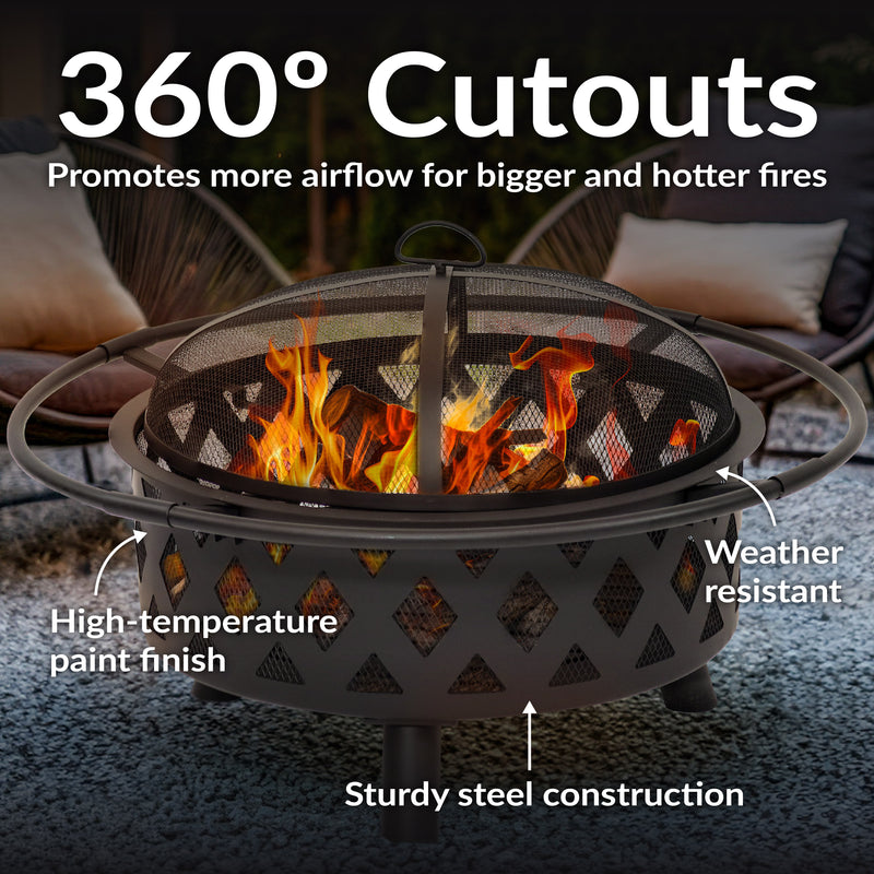 Sunnydaze Crossweave Wood-Burning Fire Pit with Spark Screen and Poker