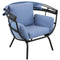 Light blue egg chair with retractable shade pulled down.