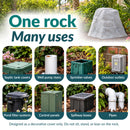 Infographic highlighting eight uses for a tall, tapered light gray decorative faux rock cover, including hiding septic tank covers, well pump risers, sprinkler valves, outdoor outlets, pond filter systems, control panels, spillway boxes, and pipes. Text reads “One rock, Many uses” with a safety note advising against sitting, standing, or leaning on the rock.