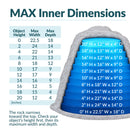 Infographic showing the maximum interior dimensions of a tall, tapered light gray faux rock cover, with a cutaway view and blue measurement layers illustrating usable width and depth at heights from 0 to 20 inches. A sizing table explains how the rock narrows toward the top and helps customers determine proper fit by measuring their object's height, width, and depth.