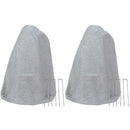 Two light gray faux rock utility covers with tall, tapered shapes and realistic textured stone surfaces, each displayed with three metal ground stakes, arranged side by side against a white background.