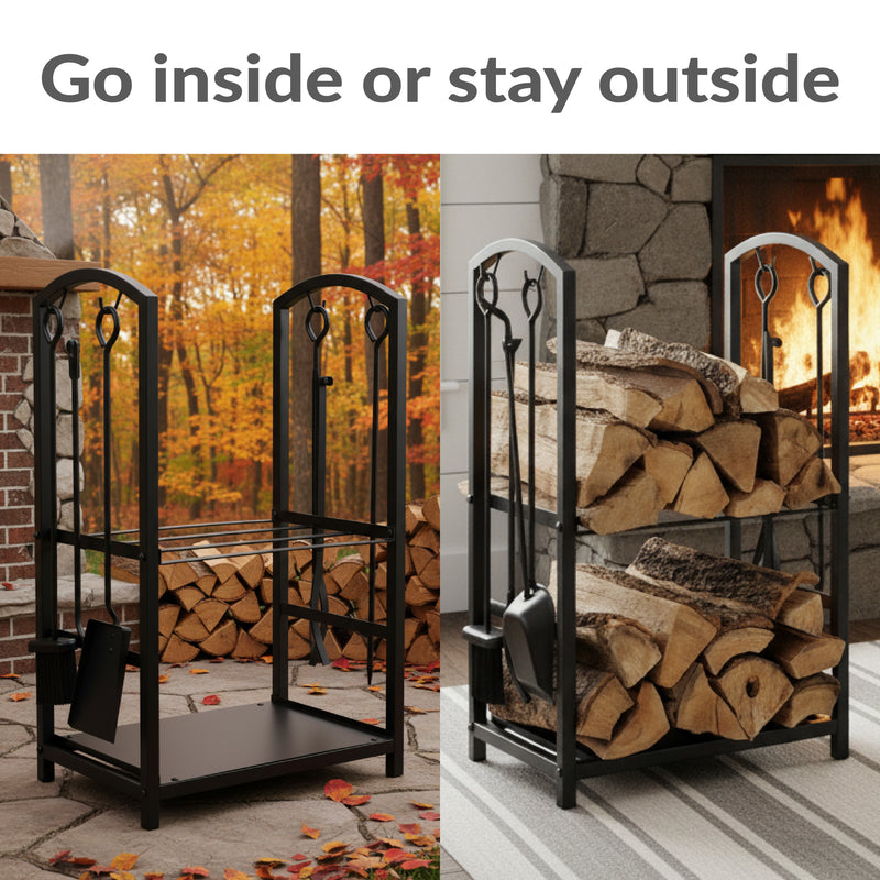 Sunnydaze 5-Piece Fireplace Log Holder with Poker, Shovel, and Brush