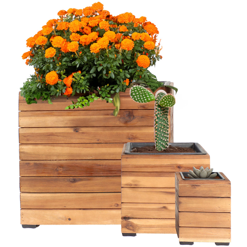 wood planter plastic liner Sunnydaze Indoor/Outdoor Square Acacia Wood Planter Box with Plastic Liner - 3pk