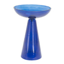 Glass Pedestal Bird Bath in blue featuring a wide, shallow blue glass bowl and tapered solid blue glass pedestal.