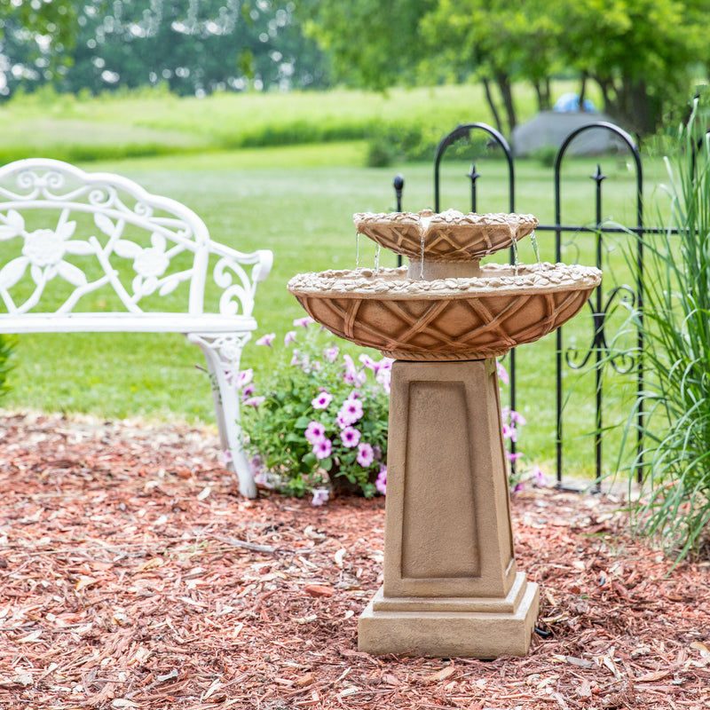 Sunnydaze Beveled Flower 2-Tier Outdoor Water Fountain & Bird Bath - 28"