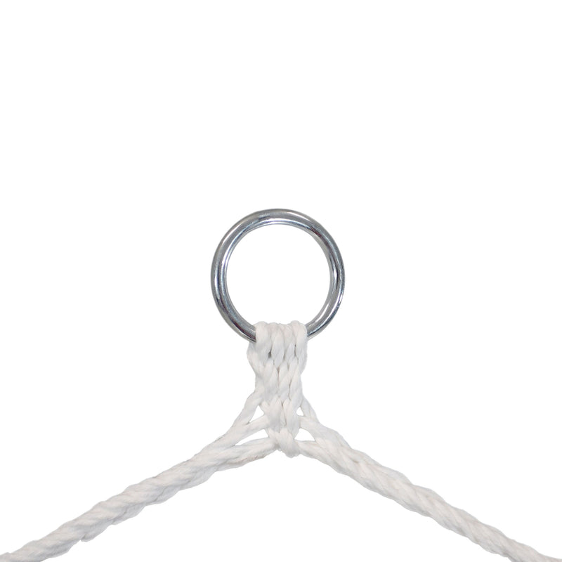 Metal ring with white braided rope attached to it, spread in two different directions.