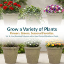 Tan decorative planters filled with colorful flowers and greenery, highlighting seasonal planting options and a UV- and frost-resistant polyresin construction with a hand-painted weathered finish.