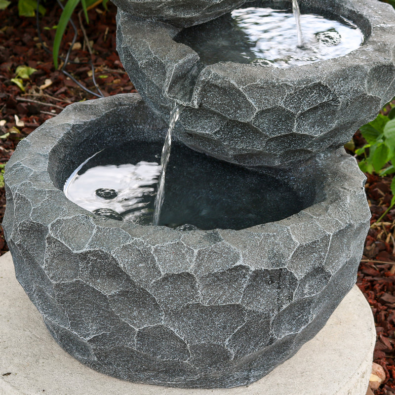 Sunnydaze 3-Tier Chiseled Basin Solar Powered Fountain for Garden, Patio, Yard or Balcony - Polyresin