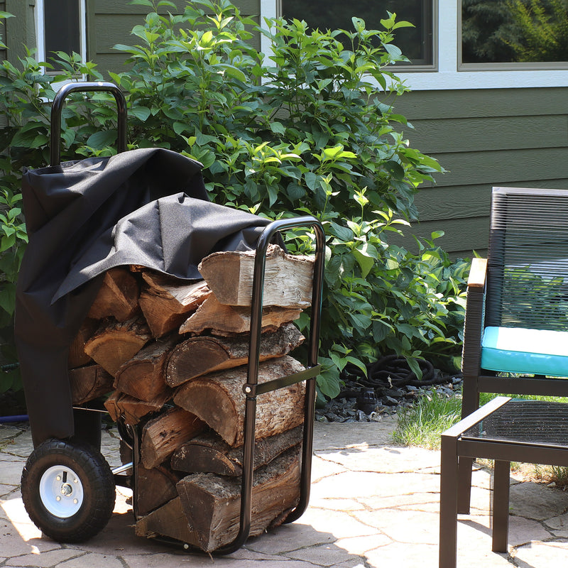 Sunnydaze Heavy-Duty Firewood Log Cart with Wheels and Protective Cover