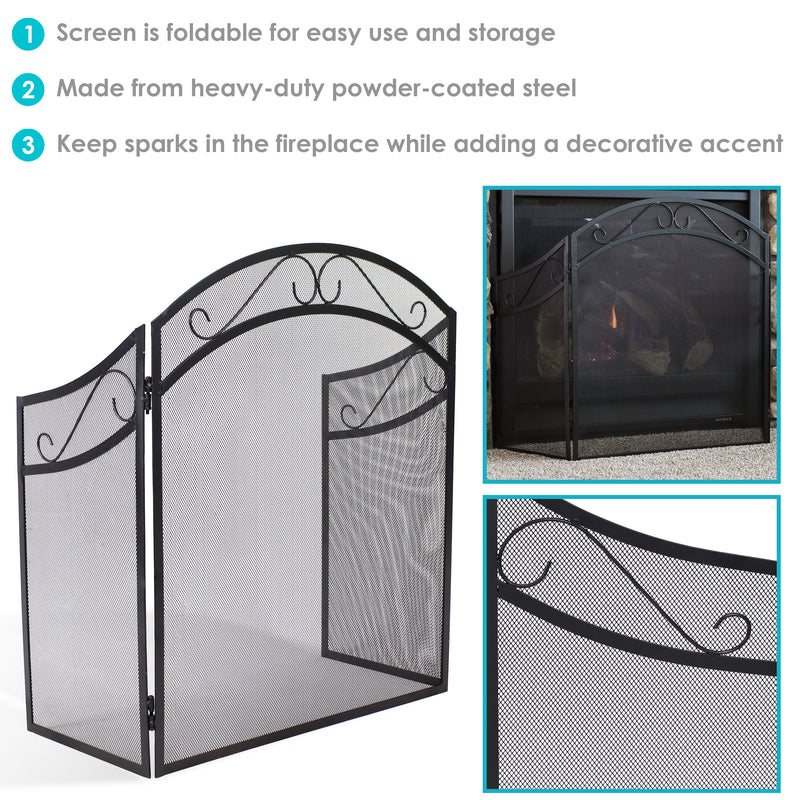 Sunnydaze Folding 3-Panel Steel Fireplace Screen with Scroll Design