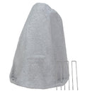 Light gray faux rock utility cover with a tall, tapered shape and realistic textured stone surface, displayed with three metal ground stakes beside it against a white background.