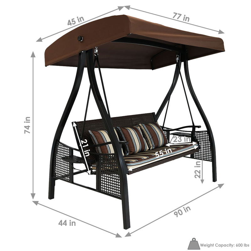 Sunnydaze Deluxe 3-Person Patio Swing with Canopy and Side Tables