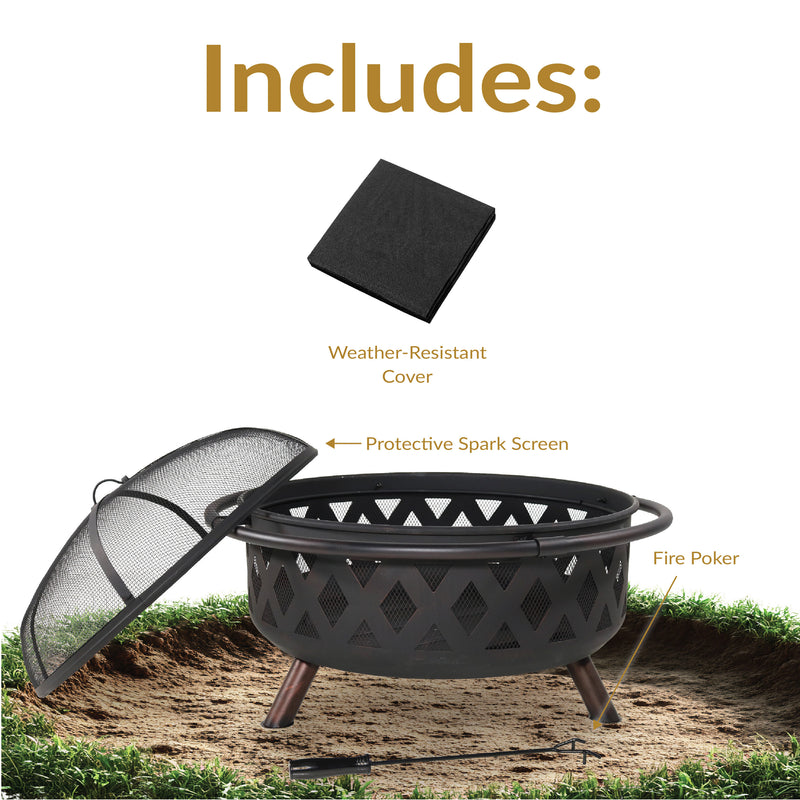 Sunnydaze Crossweave Wood-Burning Fire Pit with Spark Screen and Poker