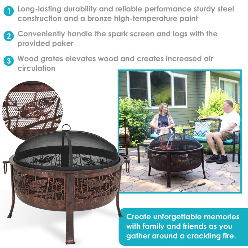Sunnydaze Northwoods Fishing Fire Pit with Spark Screen - 30" Diameter