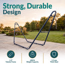 Universal Double Hammock Stand shown on an outdoor stone patio, highlighting its strong, durable steel construction with a 1.5-inch tubular frame, 1.5 mm steel thickness, and 600-pound weight capacity.