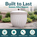 Ivory Glaze Decorative Metal Garden Hose Holder highlighting durable steel construction with rust- and UV-resistant properties, plus a 9.2-pound design for easy repositioning.