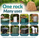 Infographic highlighting eight uses for a tall, tapered tan decorative faux rock cover, including hiding septic tank covers, well pump risers, sprinkler valves, outdoor outlets, pond filter systems, control panels, spillway boxes, and pipes. Text reads “One rock, Many uses” with a safety note advising against sitting, standing, or leaning on the rock.