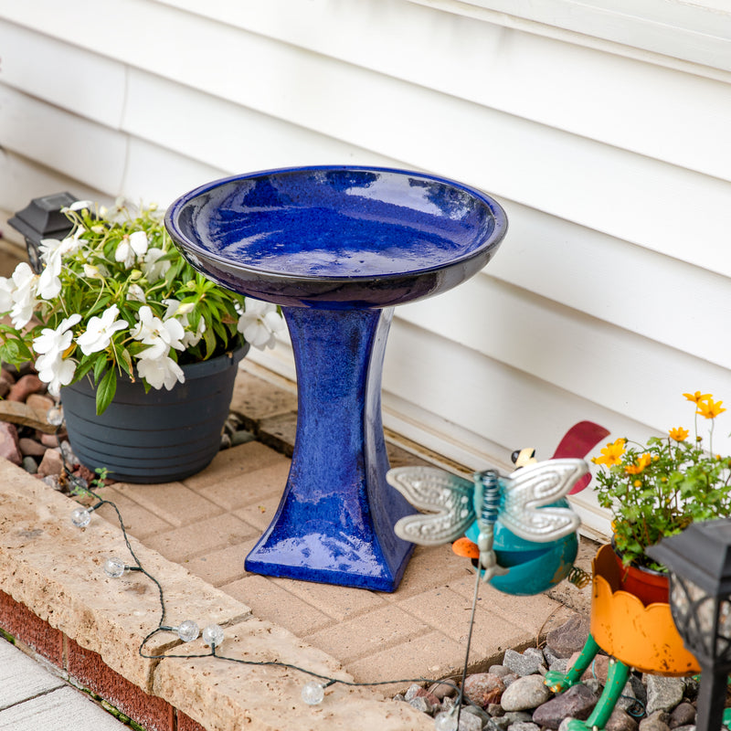 Sunnydaze Nantes Outdoor Ceramic Bird Bath - Cerulean Blue -  16" H