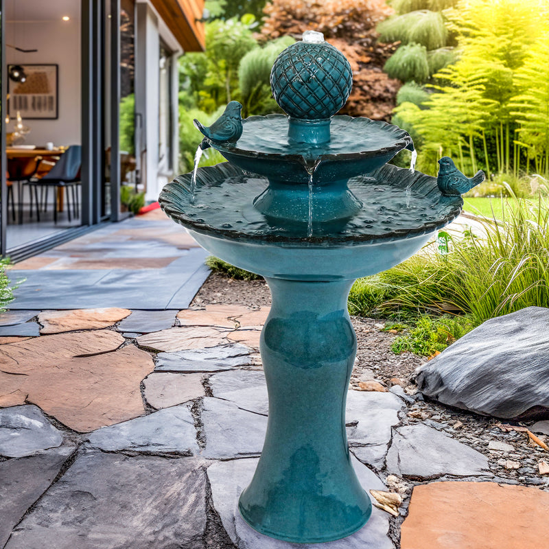 Sunnydaze 2-Tier Ceramic Outdoor Water Fountain 27" - Resting Birds