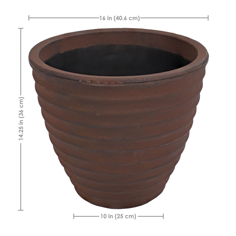 ribbed plastic planter Sunnydaze Indoor/Outdoor Round Ribbed Polyresin Planter Pot with Double Wall Design - Rust