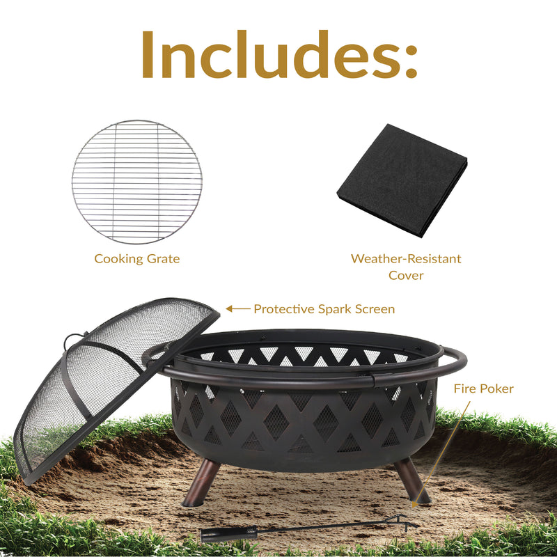 Sunnydaze Crossweave Wood-Burning Fire Pit with Spark Screen and Poker