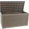 Tan faux rattan deck storage box with lid open.