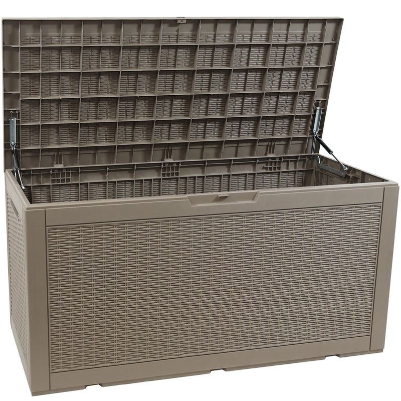 Tan faux rattan deck storage box with lid open.