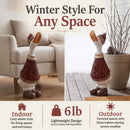 Cozy Goose Decorative Statue shown in indoor and covered outdoor settings, featuring a lightweight 6-pound design that is easy to move and reposition for winter decorating.