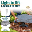 Infographic showing a lightweight, flat gray faux rock cover being lifted over a sprinkler valve in a landscaped garden. Text highlights its 4.2 lb weight, three included 12-inch metal stakes, and built-in stake holes for secure outdoor placement.