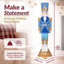 Product dimensions infographic featuring a blue, white, and gold Christmas nutcracker, showing a total height of 37.25 inches, width of 9.5 inches, depth of 10.5 inches, and weight of 11.2 pounds.