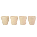 Four cream-colored decorative planters in different sizes, shown side by side against a white background, each featuring raised floral scroll detailing.