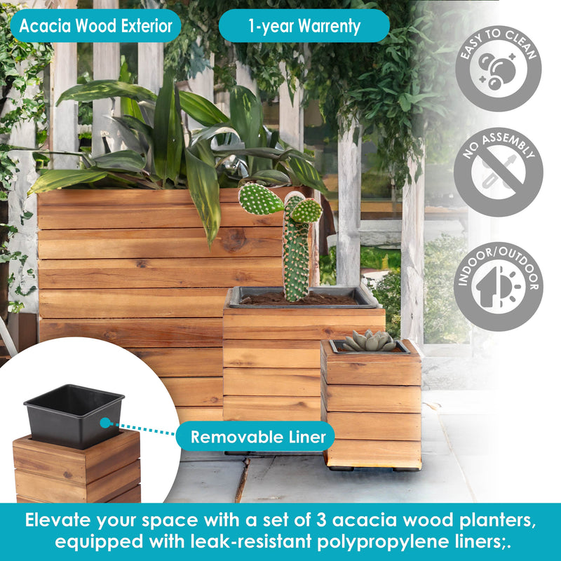plastic liner for wooden planter Sunnydaze Indoor/Outdoor Square Acacia Wood Planter Box with Plastic Liner - 3pk