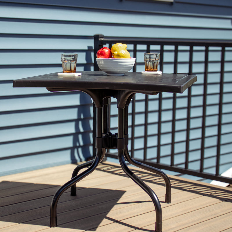 foldable patio table with umbrella hole Sunnydaze Outdoor Square Polypropylene Top Dining Table with Curved Iron Legs - Black