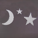 Close-up of the black Cosmic Fire Pit highlighting the decorative crescent moon and star cutouts with protective diamond-pattern mesh backing.