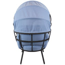 Back view of blue luxury egg chair with retractable canopy.