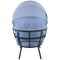 Back view of blue luxury egg chair with retractable canopy.