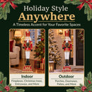 Red and gold Christmas nutcracker king holding a gold scepter, with “Holiday Style Anywhere” text and indoor and outdoor display examples for fireplaces, Christmas trees, entryways, porches, doorways, and patios.