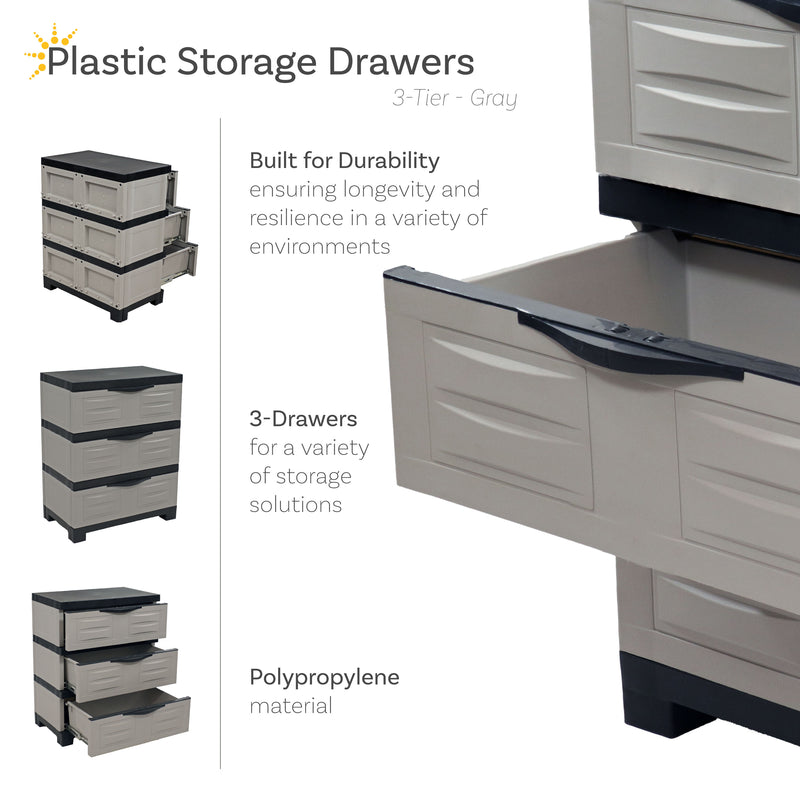 Sunnydaze 3-Tier Plastic Storage Drawers - Gray