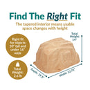 Flat-Top Artificial Garden Rock + Stakes dimension diagram showing the artificial boulder measuring 22.75 inches wide by 19.5 inches deep by 14 inches high and weighing 2.6 pounds. The included stakes each measure 1 inch wide by 12 inches high.