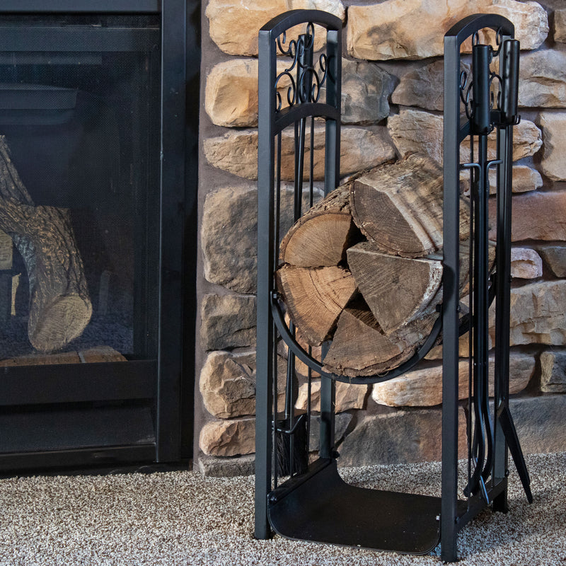 Sunnydaze Filigree Small Firewood Rack with 4 Fireplace Tools
