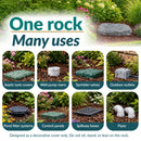 Infographic highlighting eight uses for a flat gray decorative faux rock cover, including hiding septic tank covers, well pump risers, sprinkler valves, outdoor outlets, pond filter systems, control panels, spillway boxes, and pipes. Text reads “One rock, Many uses” with a safety note advising against sitting, standing, or leaning on the rock.