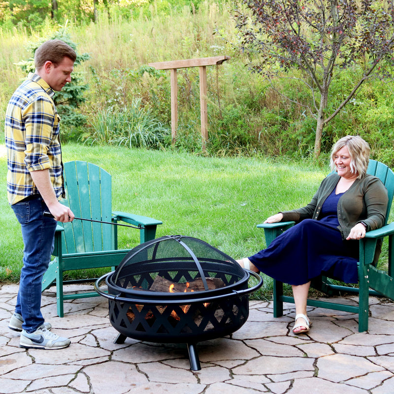 Sunnydaze Black Crossweave Wood Fire Pit with Cover, Spark Screen, Grate, and Poker