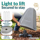 Lightweight gray faux rock utility cover being lifted to reveal outdoor plumbing. Text highlights its 2.4 lb weight, three included 12-inch metal stakes, and built-in stake holes for secure ground installation.