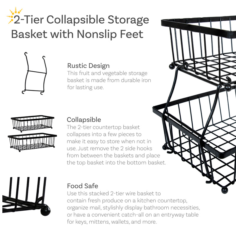 Sunnydaze Collapsible 2-Tier Fruit Basket - Black