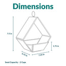 Dimensions diagram for the Modern Mosaic Fly-Through Bird Feeder in iridescent purple, measuring 7.25 inches wide, 4.75 inches deep, and 7.5 inches high, with a 2-cup seed capacity.